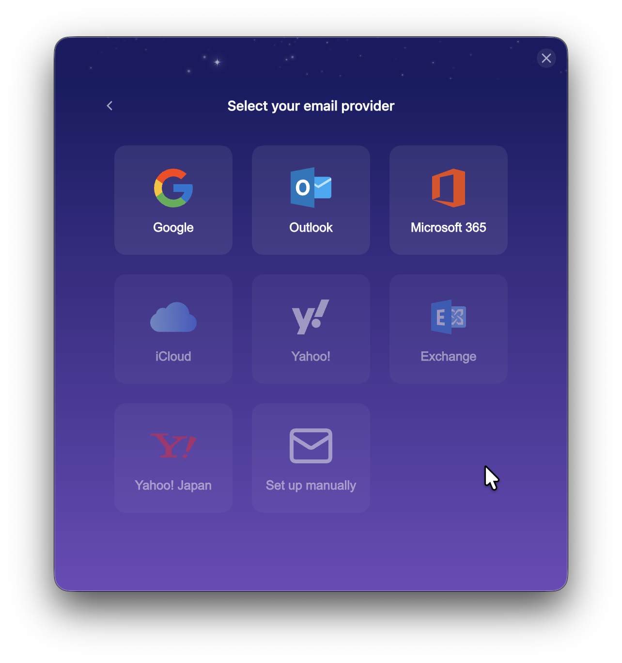 Newton Setup-Screen mit unterstützten Mailprovidern.